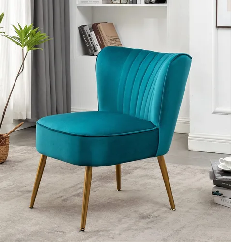 Vista 70 de Silla moderna de terciopelo para sala de estar, dormitorio o entrada, diseño elegante y cómodo sin brazos con patas de metal, color negro