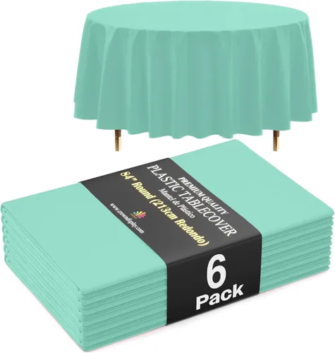 Vista 28 de Exquisite 66% Thicker Premium Aqua Round Tablecloth 0.5 Mil 6 Pack Plastic Table Cloth Disposable 84 Inch Round Plastic Tablecloth Won't Tear Easily