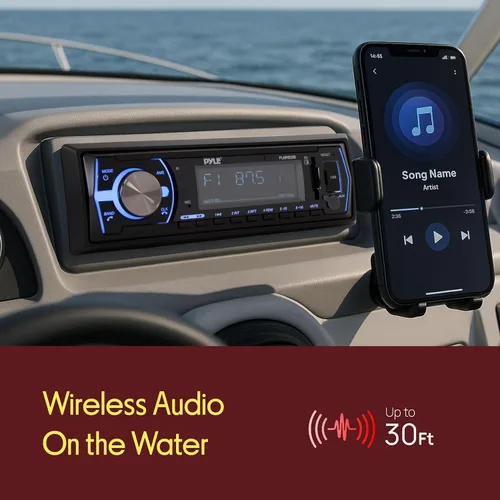 Vista 6 de Pyle Marine Bluetooth Estéreo Radio - Sistema de Receptor de Radio para Barco de 12v, Estilo DIN Único, Integrado en el Salpicadero, con Micrófono