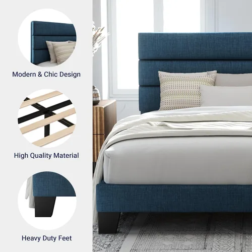 Vista 6 de Allewie - Base de cama tamaño King con cabecera tapizada en tela y soporte de listones de madera; base de colchón completamente tapizada; no Azul