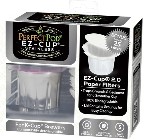 Vista 9 de EZ-Cup - Cápsula de café reutilizable de acero inoxidable para Keurig + 25 filtros de papel desechables, cápsula recargable compatible con Keurig