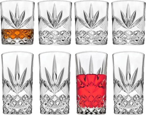 Godinger Juego de Cristalería Mixta de 8 Piezas, 4 Vasos Highball Altos para Beber, 4 Vasos Old Fashioned de Whiskey, Juego de Cristalería, Copas de