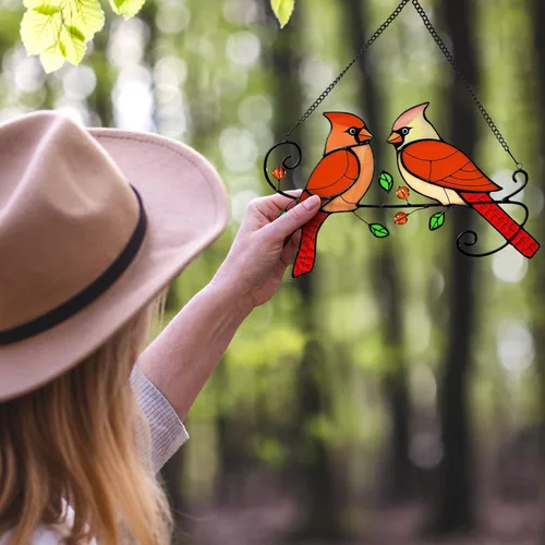 Vista 4 de Colgante de Ventana de Vidrio Emplomado con Pájaro Cardenal, Panel Interior Atrapasoles, Decoración Náutica Atrapasoles para Hogar, Pared, Jardín