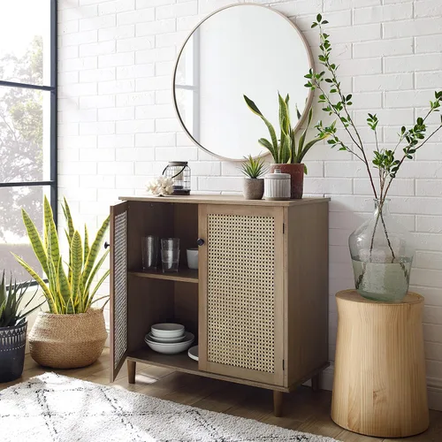Vista 5 de Volans Juego de 2 armarios de almacenamiento con puertas de mimbre de ratán tejido, aparador para entrada, pasillo o sala de estar, chapa de madera