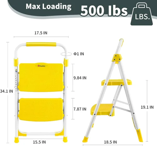 Vista 3 de Escalera de 2 escalones, taburete plegable portátil con pedal antideslizante ancho, escalera de acero resistente de 500 libras, mango práctico