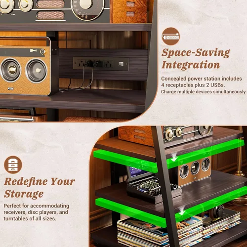 Vista 7 de Armocity Soporte multimedia AV de 4 niveles con tiras de alimentación, soporte estéreo con luces LED, torre de audio en rack con estantes