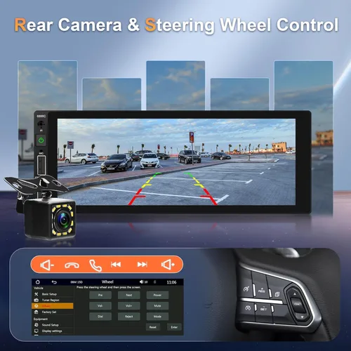 Vista 4 de Radio de coche estéreo de un solo DIN inalámbrico Carplay Bluetooth 5.0, Rimoody 6.86 pulgadas pantalla táctil Android Auto Mirror Link 2-USB FM