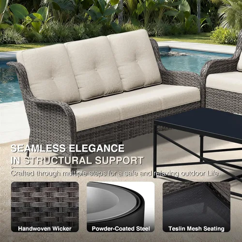 Vista 3 de Joyside Sofá de patio al aire libre, sofá de mimbre para exteriores de 3 plazas con respaldo alto, asientos profundos, reposabrazos anchos, cojines