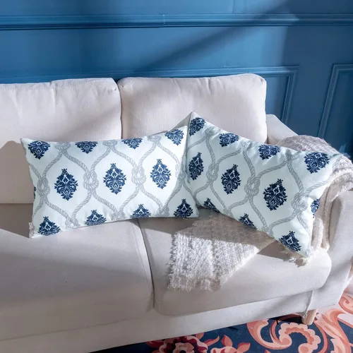 Juego de 2 fundas de almohada cortas de felpa gris y azul, patrón impreso, fundas de almohada decorativas de 12 x 20 pulgadas, suaves y modernas,