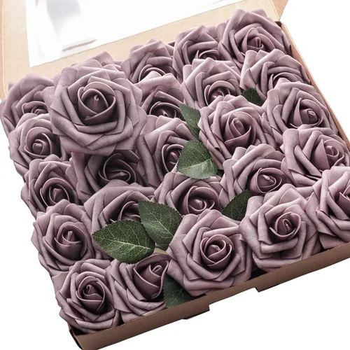 Vista 21 de Floroom Flores artificiales, 25 piezas de rosas falsas de espuma dorada antigua de aspecto real con tallos para ramos de boda DIY, centros de mesa