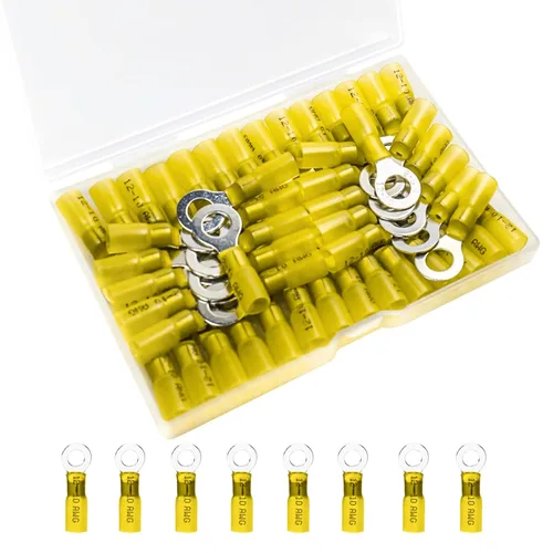 Vista 7 de 50 piezas de conectores de cable termorretráctiles, terminales de anillo impermeables 16-14 AWG, terminales de cable 16-14 AWG de 1/4 pulg. (M6)