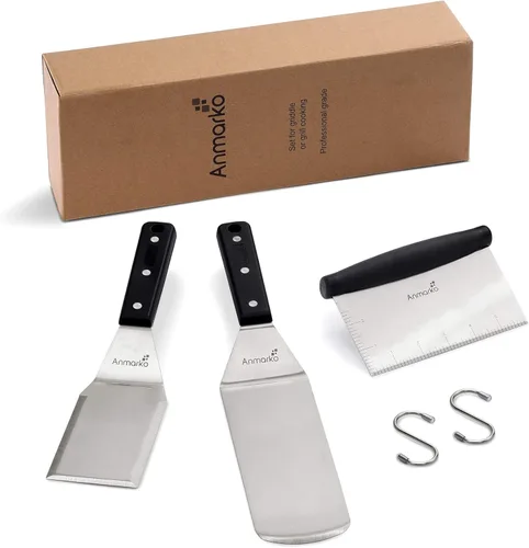 Vista 8 de Anmarko Juego de 3 espátulas de metal de acero inoxidable, espátulas profesionales para parrilla, accesorios resistentes, ideales para barbacoas