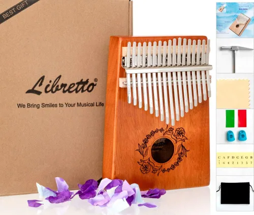 Libretto Kalimba - Piano de pulgar de madera maciza de 17 teclas, piano de dedo portátil con martillo de afinación, bolsa de franela, manual, paño