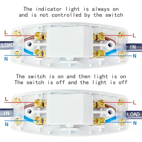 Vista 4 de Paquete de 2 interruptores de cable en línea, interruptor en línea con luz indicadora, interruptor en línea para cable de lámpara 6A