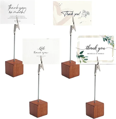 Vista 4 de 10PCS Brown Wooden Cube Base Memo Clip Holders, Alligator Clip Stands for Table Numbers, Place Cards, Photos and Wedding Decorations