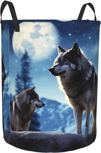 Vista 2 de Cesta circular con estampado de lobos, impermeable, cesta organizadora de lavandería, con asas, para ropa, juguetes, pequeña