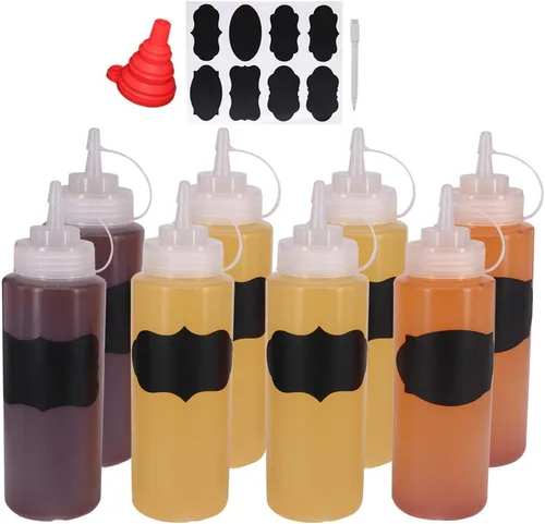 Vista 14 de Paquete de 8 botellas de condimento de plástico de 12 onzas con tapas de tapa, perfectas para condimentos, aceite, glaseado, líquidos, juego de 8