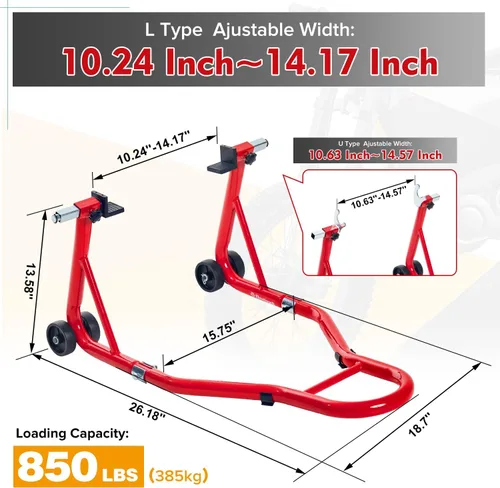 Vista 2 de Donext - Soporte para rueda trasera de motocicleta (850 lb), soporte de elevación de brazo oscilante para bicicletas deportivas, rojo, U+L