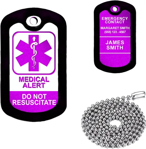 Vista 19 de Alerta médica morada, Alzheimer, etiqueta de identificación médica de aluminio personalizada con collar de acero inoxidable de 24 pulgadas