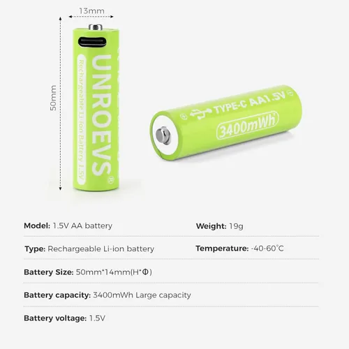 Vista 5 de UNROEVS Baterías AA de litio recargables USB, 3400 mWh 1.5 V recargable doble A con cable USB-C 2 en 1, carga rápida de 2 horas, más de 1200 ciclos.