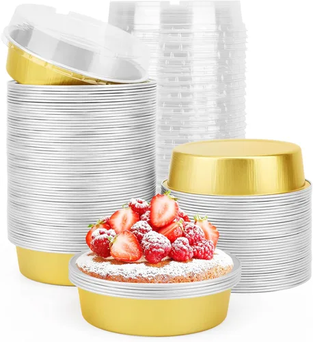 Vista 67 de Beasea Paquete de 20 Moldes para Cheesecake con Tapas, 8 Oz, 4 Pulgadas Moldes Redondos de Papel de Aluminio para Tartas, Contenedor para Muffins