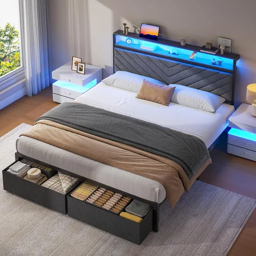 Vista 5 de Fluest Base de cama Queen con 2 cajones, cabecera tapizada con estación de almacenamiento y carga, luces LED, cajones de tela con ruedas Gris