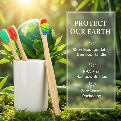 Vista 6 de Paquete de 10 cepillos de dientes de bambú Cepillos de dientes de carbón de bambú natural biodegradables y compostables ecológicos Cepillo