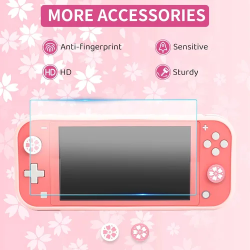 Vista 6 de FUNDIARY Funda de transporte Sakura rosa para Nintendo Switch Lite, lindo kit de accesorios de viaje para niña con bolsa de almacenamiento delgada
