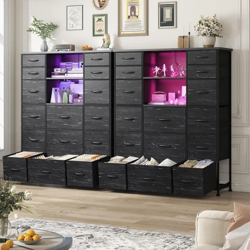 Vista 8 de EnHomee Cómoda de 51 pulgadas de alto con 15 cajones para dormitorio con estación de carga, luces LED y gabinete, cómoda negra resistente, marco