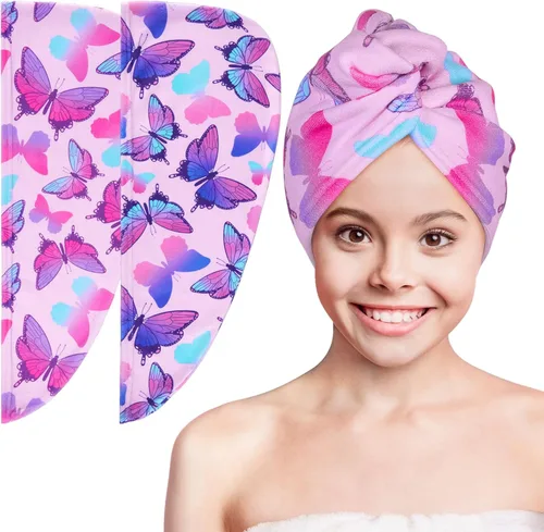 Vista 9 de Basumee Toalla Envolvente de Microfibra para el Cabello para Niños Paquete de 2 Toallas de Cabello de Secado Rápido con Botón Turbantes para Cabello