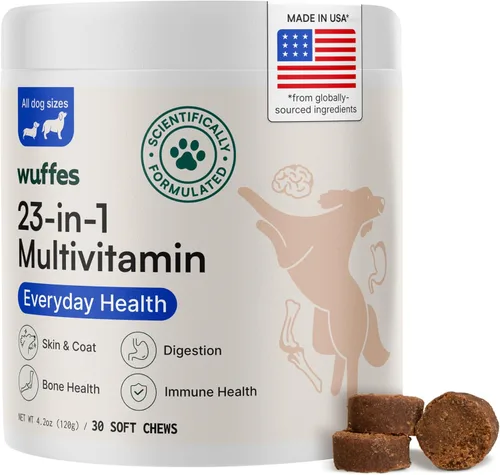 Wuffes Suplemento multivitamínico para perros 23 en 1 para cadera y articulaciones, piel, pelaje y apoyo del sistema inmunológico con Omega 3,