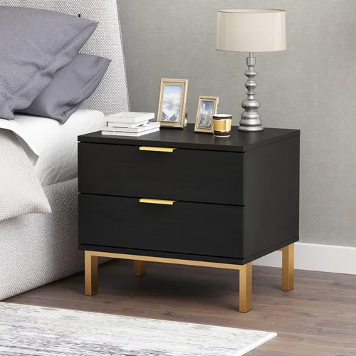 ECACAD Moderna mesita de noche con 2 cajones de almacenamiento y patas de metal dorado, mesa auxiliar minimalista y versátil, color negro (19.7