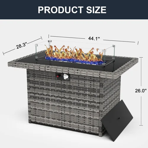 Vista 7 de Mesa para fogón de gas propano de 44 pulgadas para patio exterior, fogón rectangular al aire libre de mimbre de ratán de 60000 BTU con protector