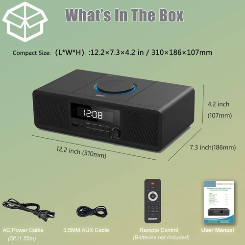 Vista 8 de WISCENT Sistema estéreo para el hogar, reproductor de CD Boombox, sistema de sonido RMS transparente de 20 W con radio FM, Bluetooth, USB, MP3, AUX