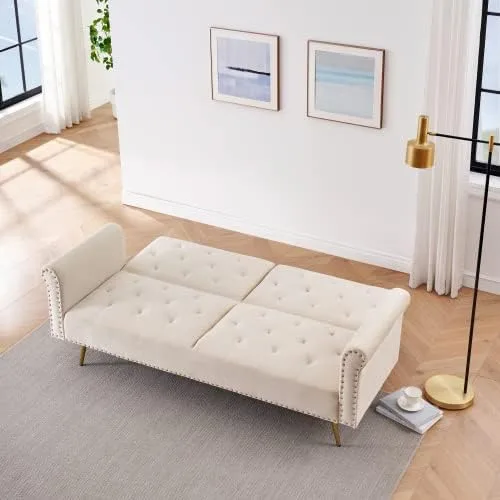 Vista 5 de Anwick Sofá cama tipo futón convertible de terciopelo de 69 pulgadas con 2 almohadas, moderno sofá cama plegable con 3 respaldos ajustables, sofá