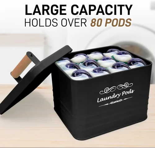 Vista 2 de ELITAPRO Contenedor moderno de granja para cápsulas de detergente - Porta cápsulas de metal con tapa para decoración y accesorios de lavandería