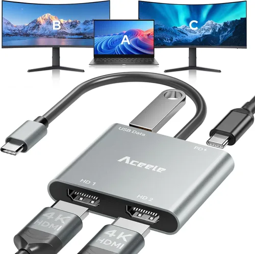 Vista 9 de Aceele Divisor USB Hub 3.0 con 2 USB-C y 2 USB-A, adaptador extensor multipuerto ultrafino de 4 puertos con cable de extensión de 4 pies de largo