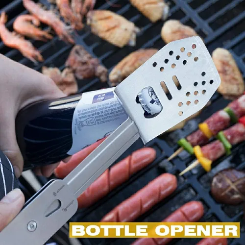 Vista 6 de ROXON Juego de herramientas de barbacoa plegable mini 4 en 1 con espátula, tenedor, pinzas y abrebotellas para acampar y hacer senderismo (gris)