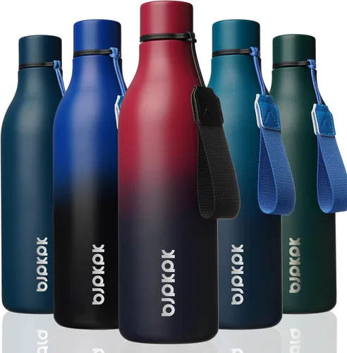 Vista 20 de BJPKPK Botellas de agua aisladas, botella de agua de metal de acero inoxidable de 12 onzas con correa, sin BPA a prueba de fugas, jarras, tazas