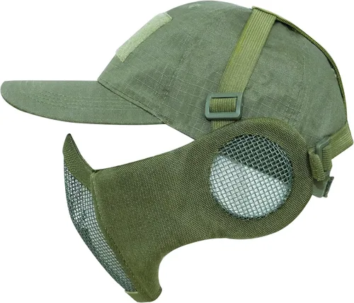 Vista 13 de Aoutacc Juego de máscara de malla y gorra de media cara, máscara táctica de malla plegable con protección para los oídos para pistola BB