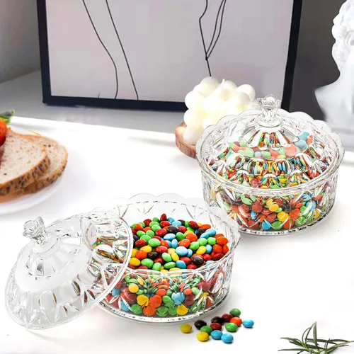 Vista 4 de Lawei Paquete de 2 platos para dulces con tapa, tarro de acrílico decorativo para dulces cubierto de cristal, para bufé de dulces, fiesta, boda