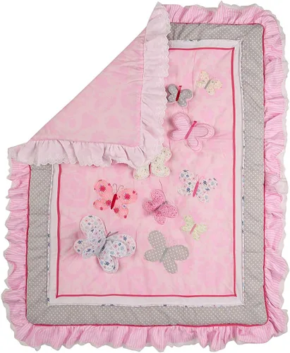 Vista 2 de Juego de ropa de cama de 3 piezas con bordado rosa Buterfly para cuna de bebé, color rosa intenso, hermoso juego de ropa de cama para cuna