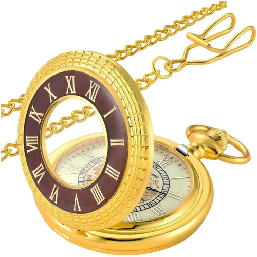 Wood Grain Hollow Design Vintage Pocket Watch, Roman Numerals Scale Quartz Pocket Watch with Chain for Xmas Fathers Day GIF