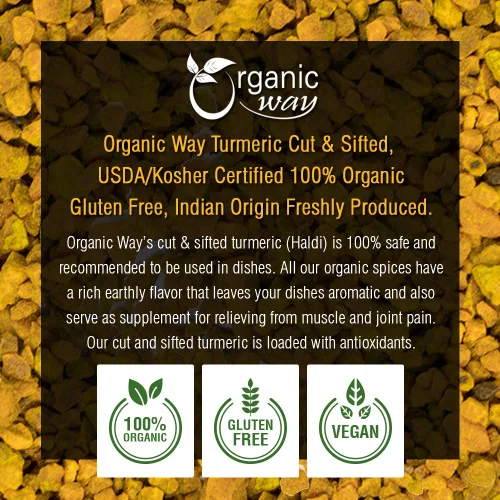 Vista 8 de Organic Way Cortada y tamizada de raíz de cúrcuma/haldi (Curcuma Longa), té de hierbas, certificado Kosher y USDA, vegano, sin OMG y sin gluten