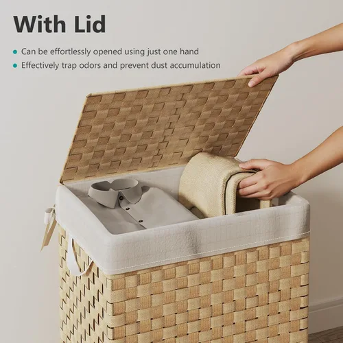 Fiona's magic - Cesta plegable para ropa sucia con tapa, tejida a mano de 96 litros con bolsas de forro extraíbles, cesta alta plegable para