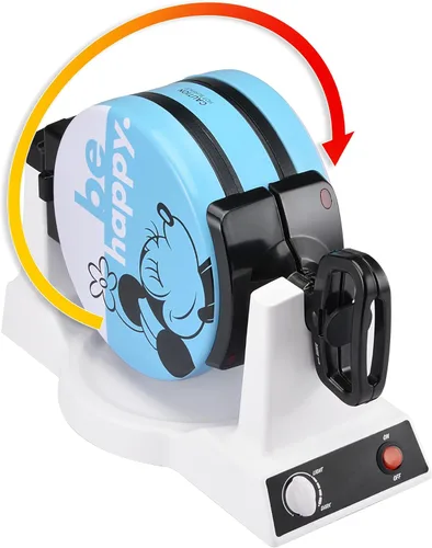 Vista 3 de Disney Mickey & Minnie - Máquina de gofres de doble volteo de Select Brands – Plancha de gofres antiadherente giratoria – Control de dorado