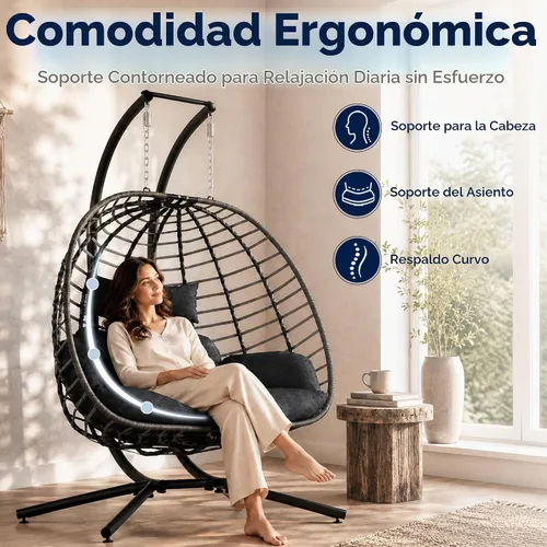 Vista 5 de SWITTE Silla doble colgante con forma de huevo con soporte, columpio de mimbre para exterior, 2 plazas, con cojín, para patio, dormitorio