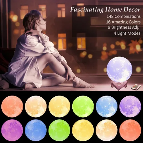 Vista 2 de Mydethun Lámpara de luna 3D de 16 colores, 148 modos de iluminación, luz nocturna regulable recargable de 5.9 pulgadas con control remoto y soporte