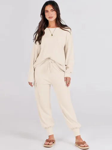 Vista 5 de Caracilia Conjunto de dos piezas para mujer, suéter de punto de manga larga y pantalones deportivos tipo cargo