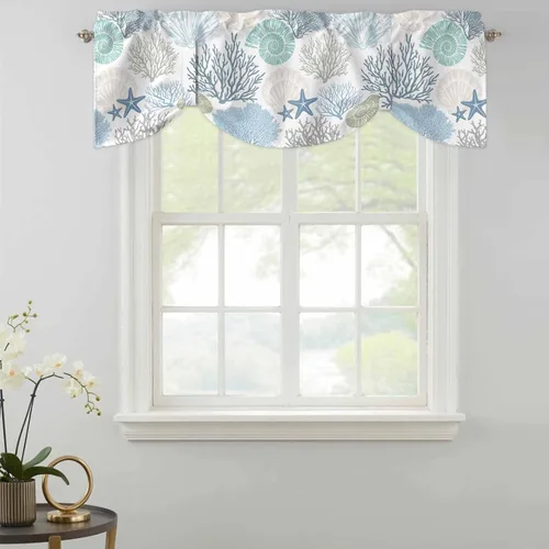 Vista 3 de Cenefa de amarre para ventanas, cortinas náuticas costeras de coral, cenefas con bolsillo para barra, cortinas de ventana con temática de playa